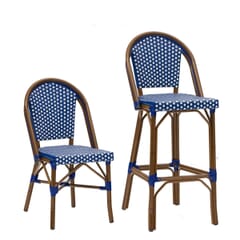 Stackable Curved-Back Synthetic Wicker & Bamboo Commercial Outdoor Chair  - Blue/White