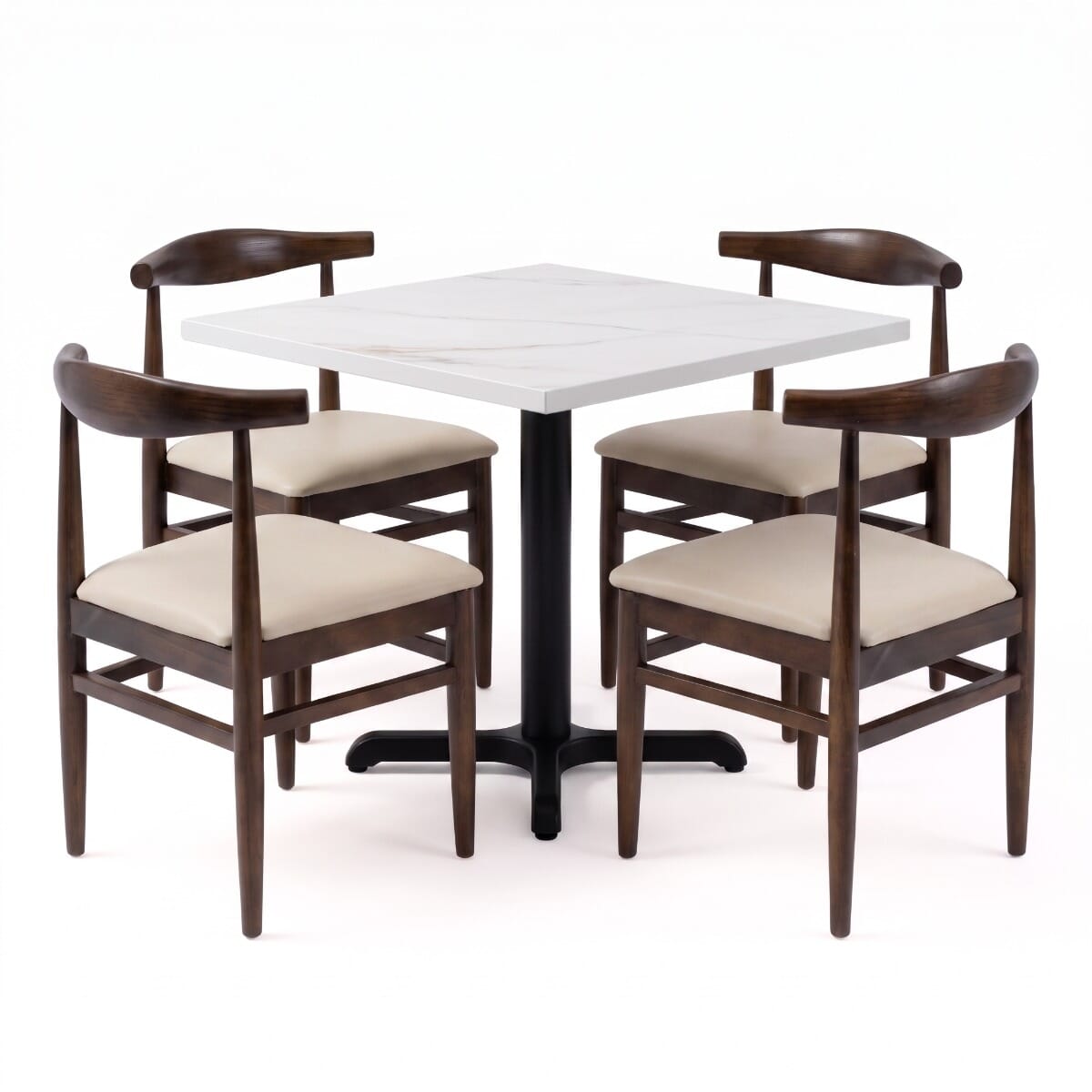 Modern White Sintered Stone Restaurant Table Set with 4 Walnut Chairs