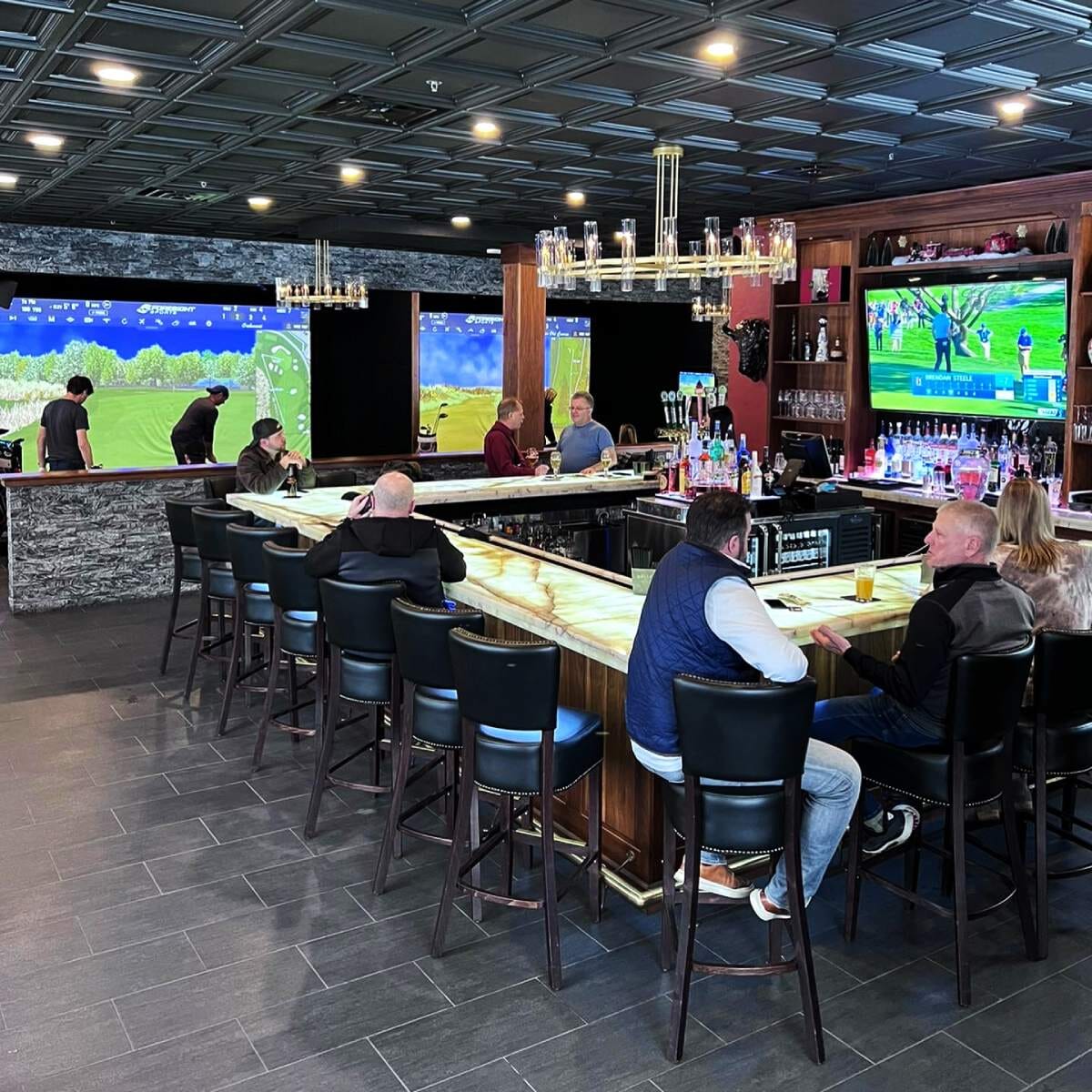 Fully Upholstered Custom Faux-Leather Commercial Dining Bar Stool with Nailhead Trim