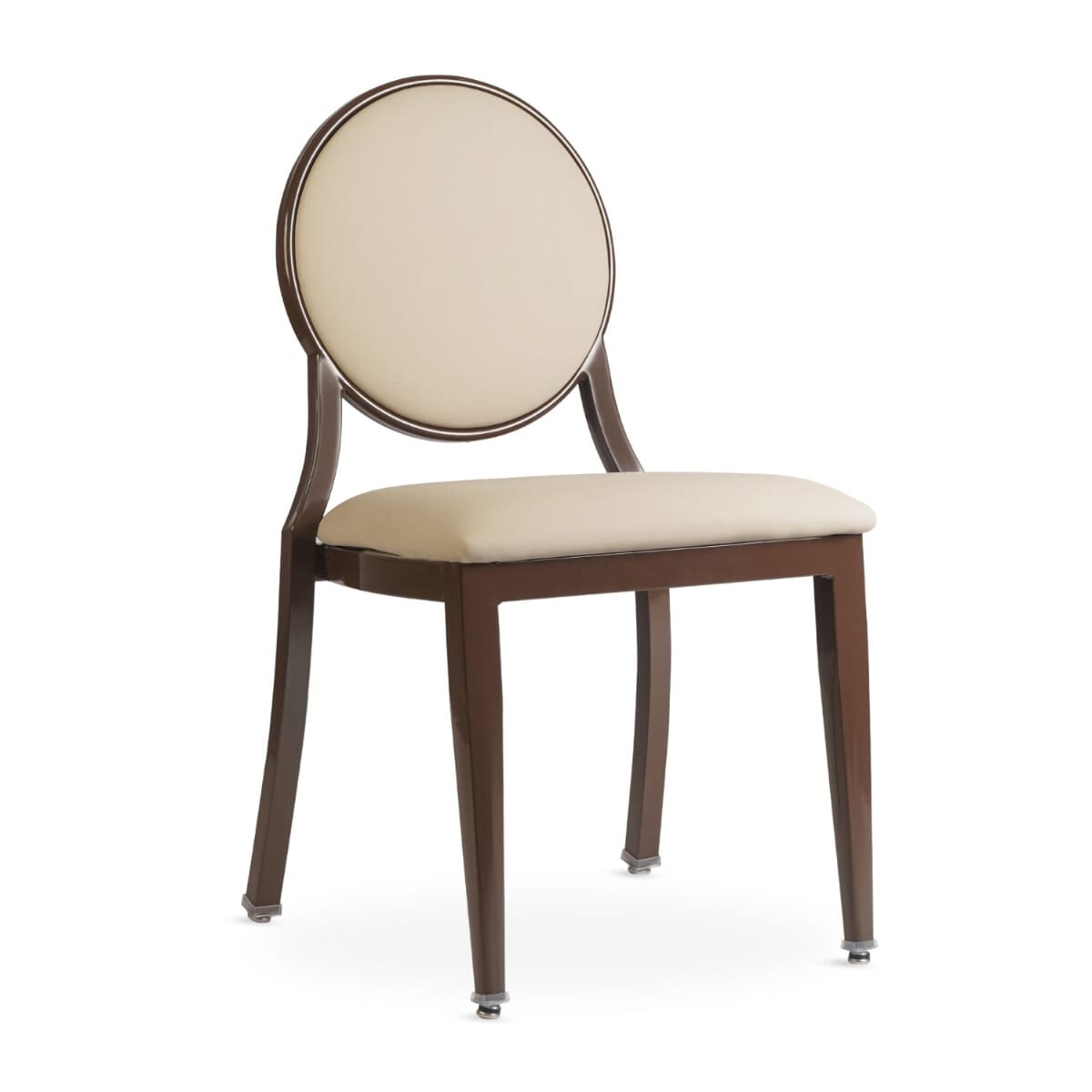 Elio Quickship Steel Stackable Banquet Chair in Walnut with Beige Vinyl Upholstery