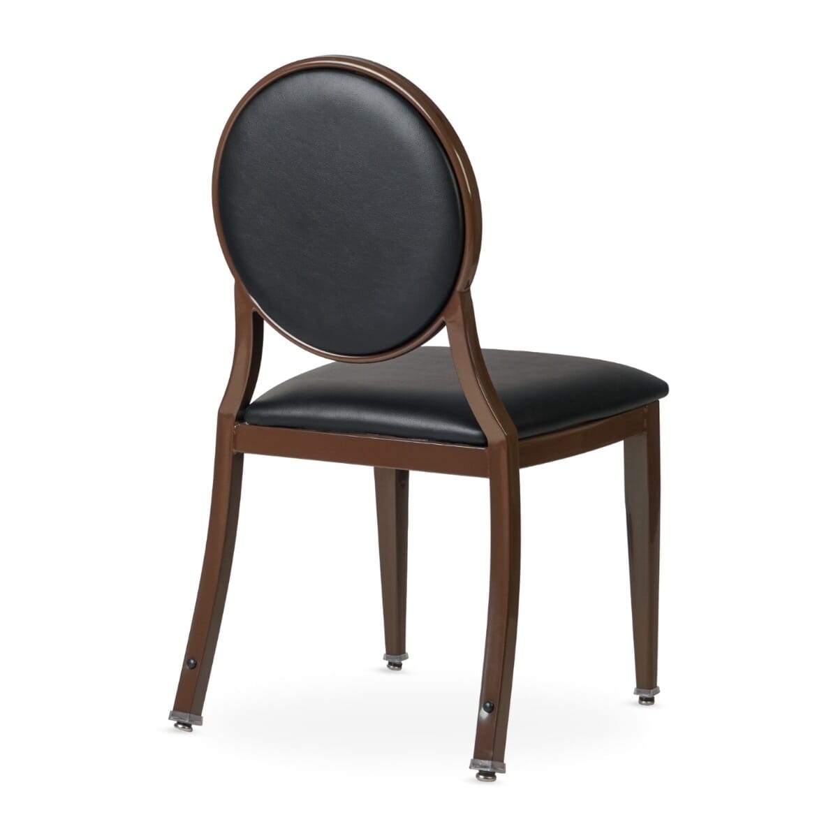Elio Quickship Steel Stackable Banquet Chair in Walnut with Black Vinyl Upholstery