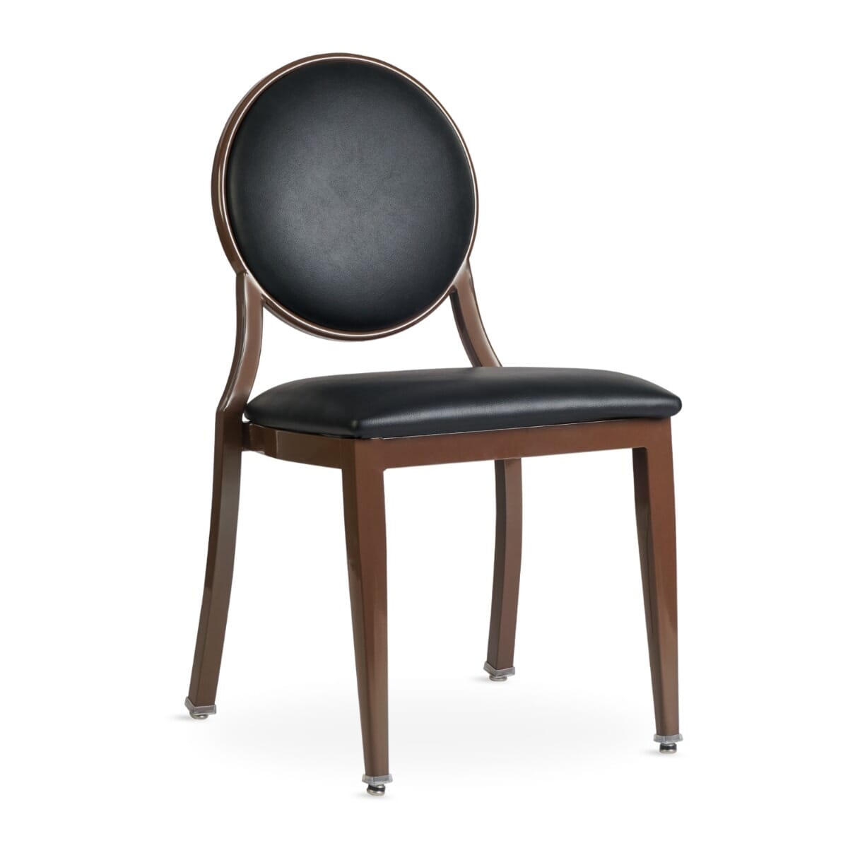 Elio Quickship Steel Stackable Banquet Chair in Walnut with Black Vinyl Upholstery