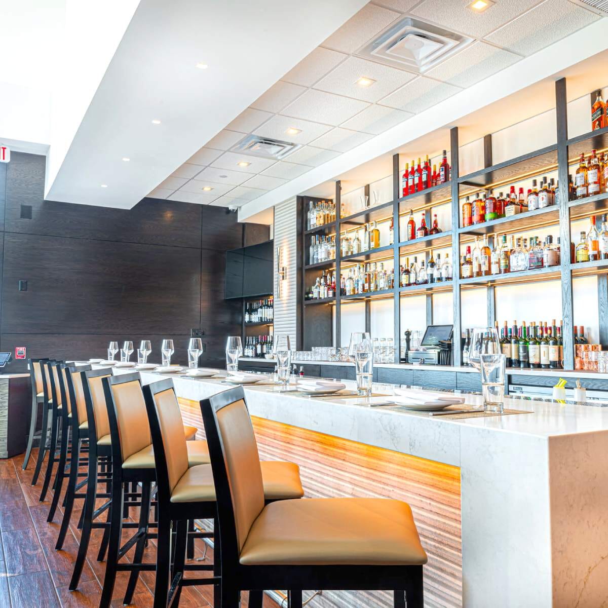 Fully Upholstered Black Wood Morgan Restaurant Bar Stool