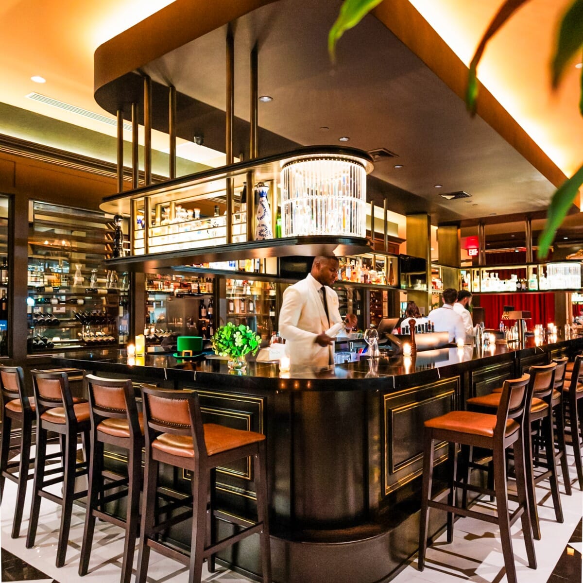 Fully Upholstered Walnut Wood Madison Commercial Bar Stool with Nail-head Trim