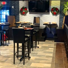 Custom Fully Upholstered Wood Look Metal Restaurant Bar Stool in Walnut