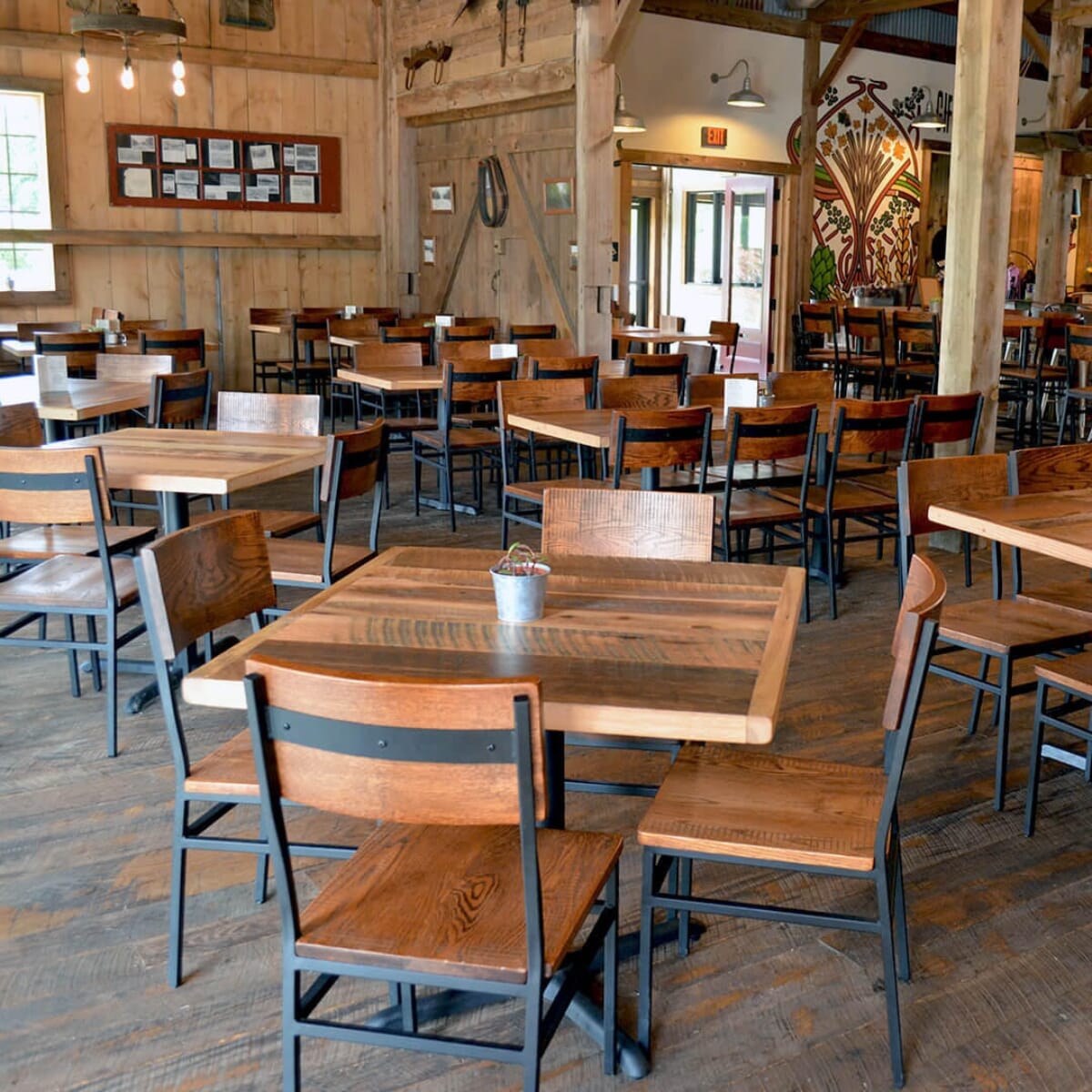 Industrial American Red Oak Restaurant Chair with Black Steel Frame