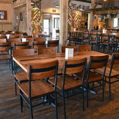 Industrial American Red Oak Restaurant Chair with Black Steel Frame