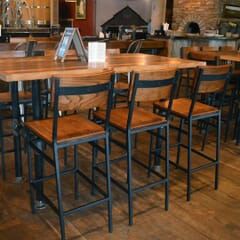 Industrial American Red Oak Restaurant Bar Stool with Black Steel Frame