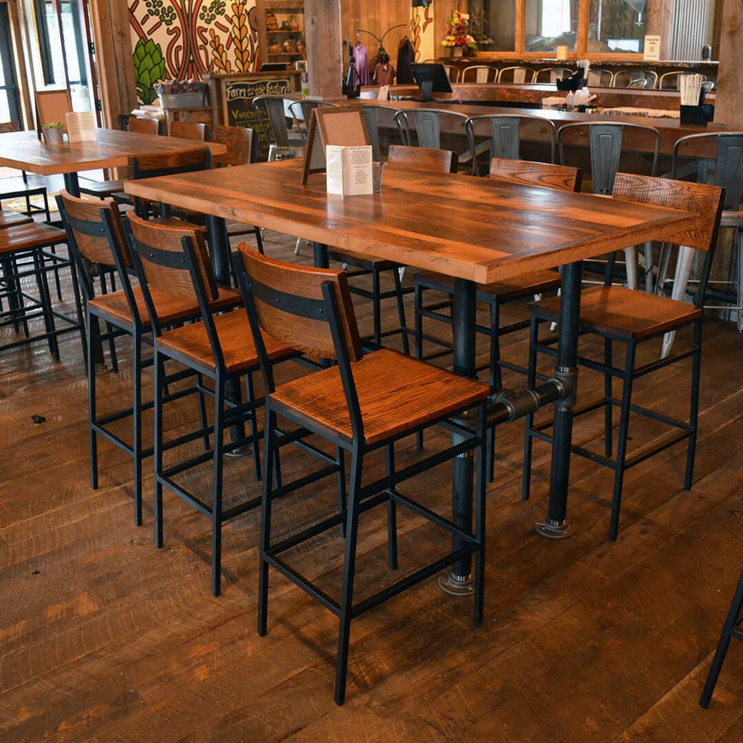 Industrial American Red Oak Restaurant Bar Stool with Black Steel Frame