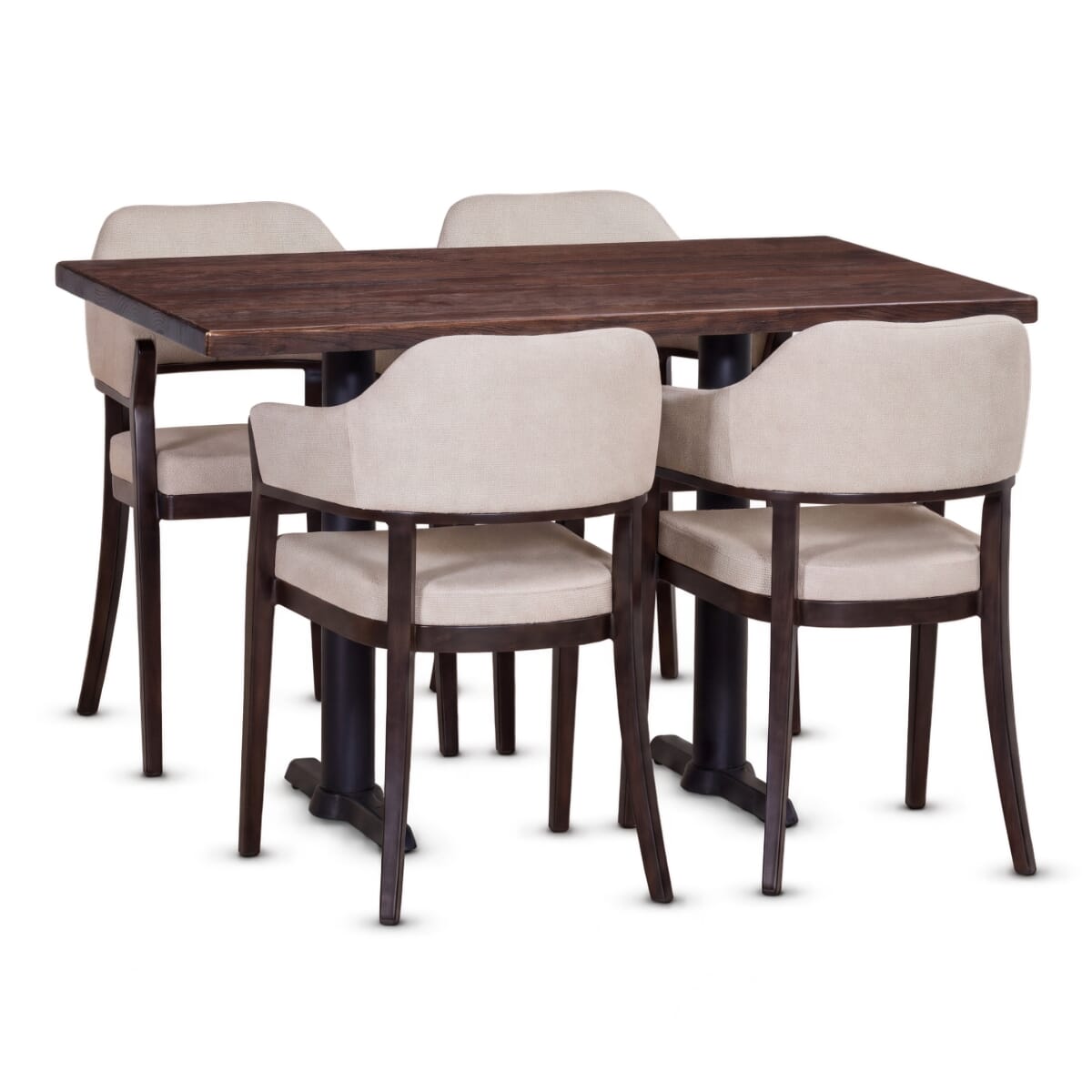 4-Seat Whitman Aluminum Wood-Grain Upholstered Restaurant Armchair Set with Reclaimed Ash Top