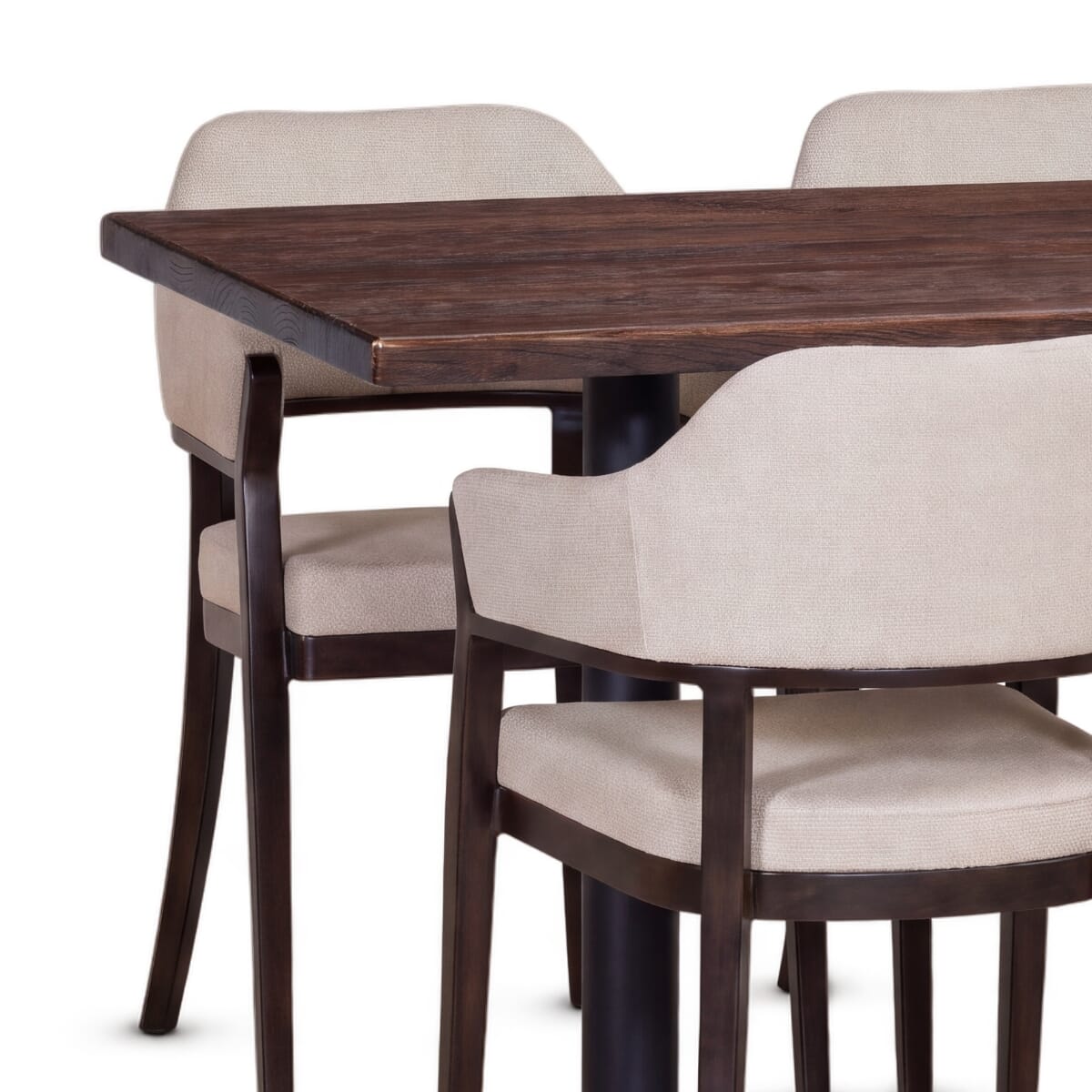4-Seat Whitman Aluminum Wood-Grain Upholstered Restaurant Armchair Set with Reclaimed Ash Top