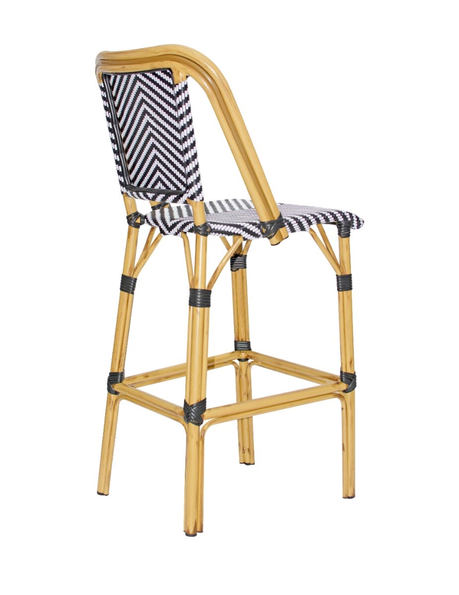 Outdoor Bamboo Restaurant Bar Stool in Black/White Synthetic Wicker