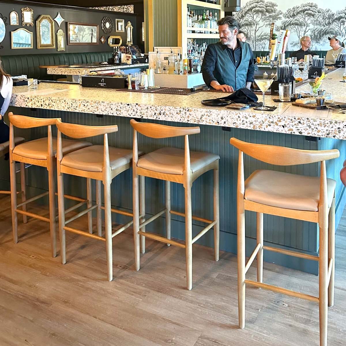 Natural Elm Wood Restaurant Bar Stool With Upholstered Seat