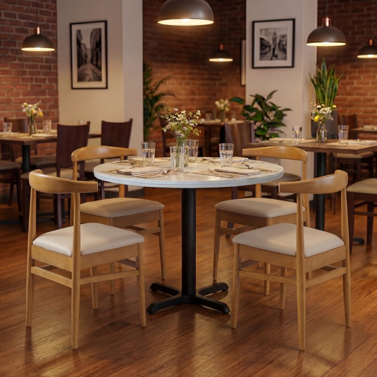White Sintered Stone Restaurant Table Set with 4 Stackable Chairs