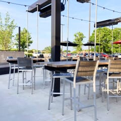 Outdoor Aluminum Bar Stool with Pewter Synthetic Teak Wood Slats