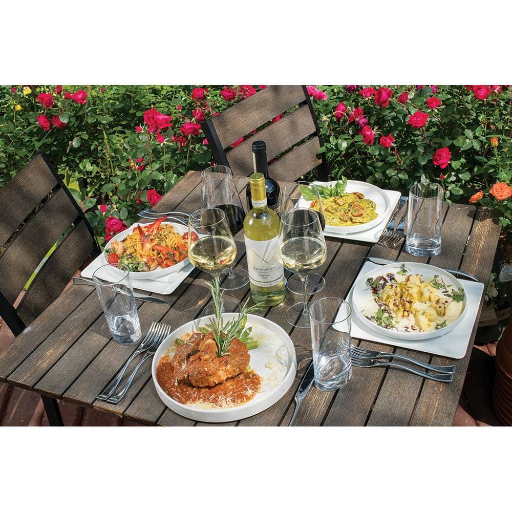 Stackable Outdoor Aluminum Restaurant Chair with Brushed Brown Synthetic Teak Wood Slats