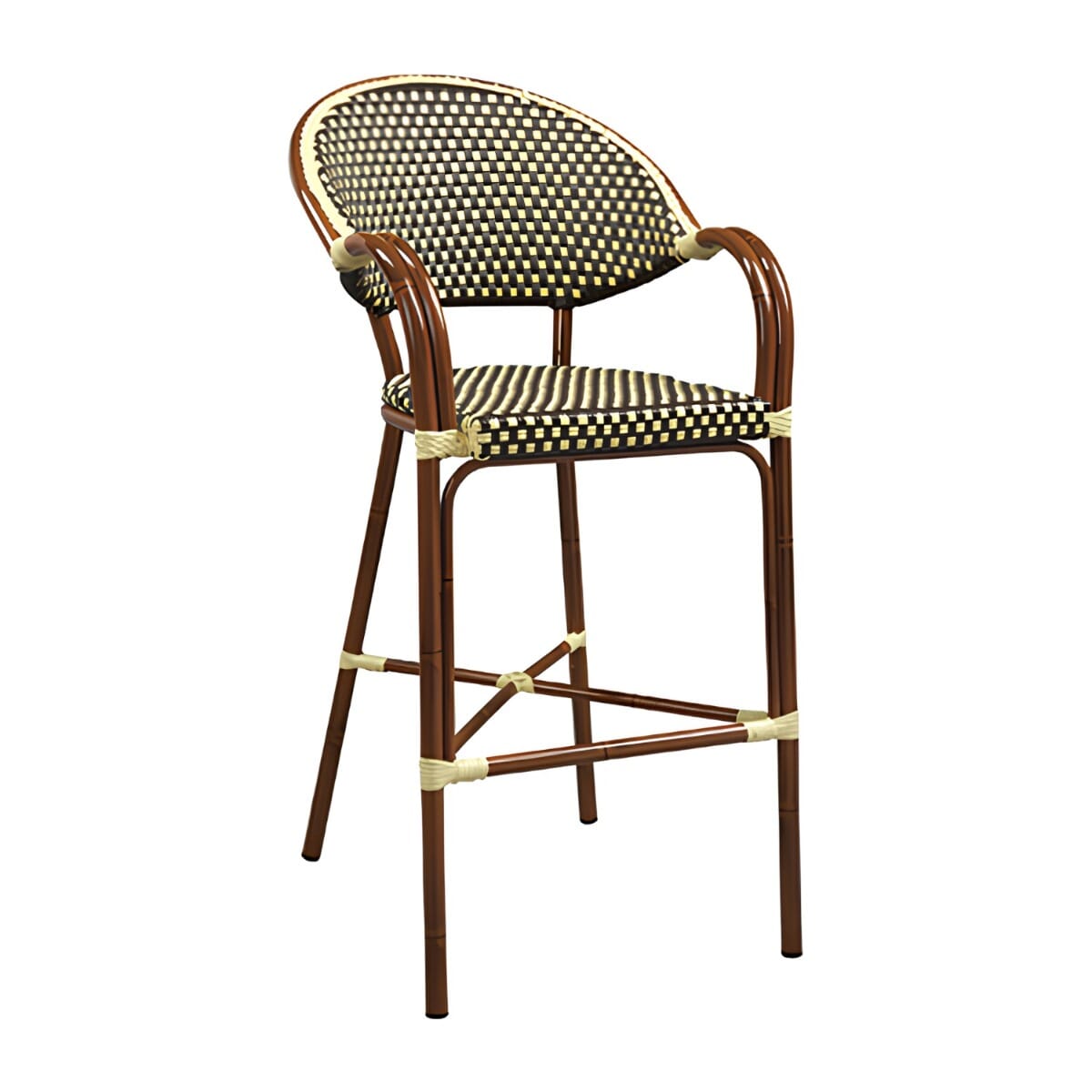 Outdoor Aluminum Brown Bamboo-Look Restaurant Bar Stool with Arms