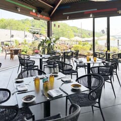 Palmera Stackable Outdoor Restaurant Rope Chair with Gray Seat and Back