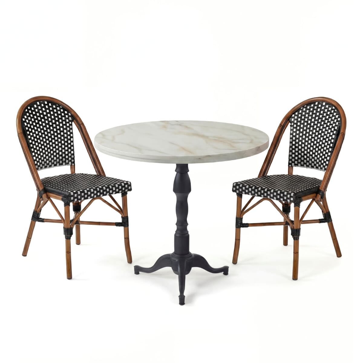 Bamboo-Inspired Restaurant Table Set with 2 Wicker Chairs, White Sintered Stone Top & Cast Iron Pedestal Base