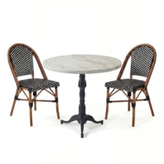 Bamboo-Inspired Restaurant Table Set with 2 Wicker Chairs, White Sintered Stone Top & Cast Iron Pedestal Base