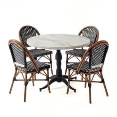 Bamboo-Inspired Restaurant Table Set with 4 Wicker Chairs, White Sintered Stone Top & Cast Iron Pedestal Base