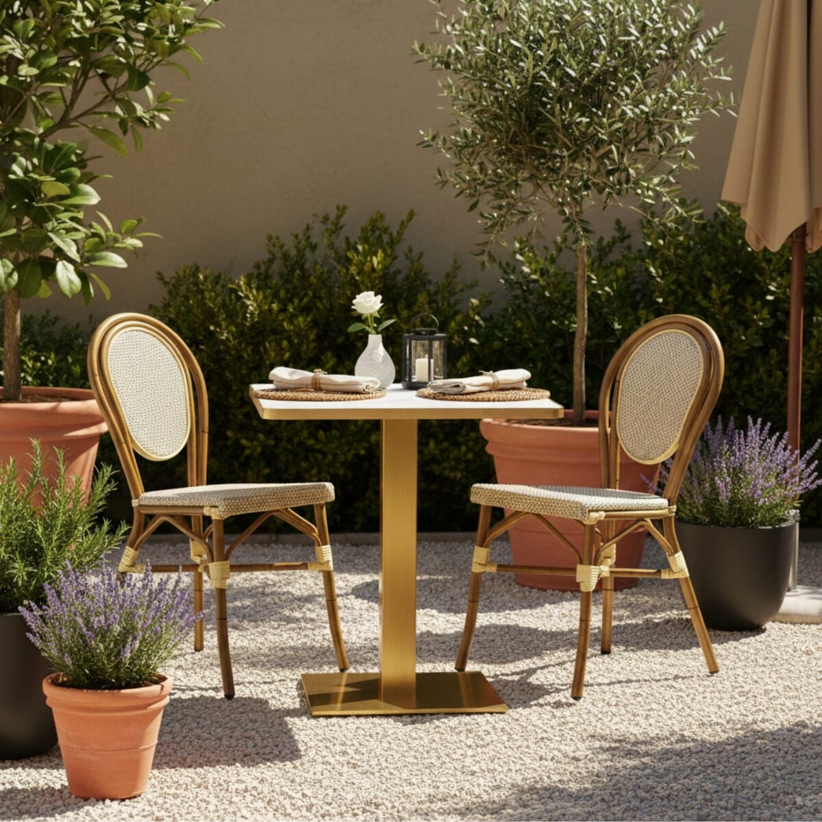 Bamboo-look Stackable Aluminum Frame Textilene Mesh Seat and Back Restaurant Chair