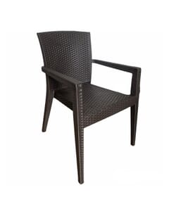 Curved-Back Brown Synthetic Wicker Restaurant Chair with Arms - Front View