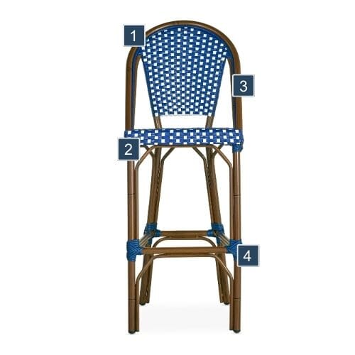 Blue and White Outdoor Bistro Bar Stool Features