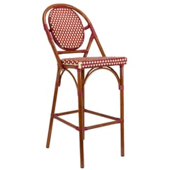 Synthetic Wicker & Bamboo Outdoor Bar Stool with Rounded Back in Mahogany/Burgundy
