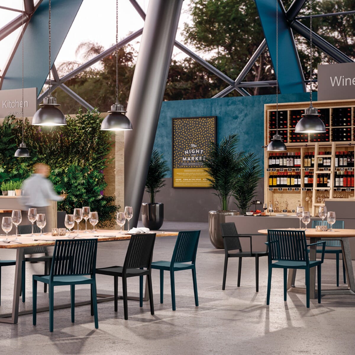 Vento Stackable Indoor/Outdoor Resin Restaurant Chair With Striped Square Back in Olive