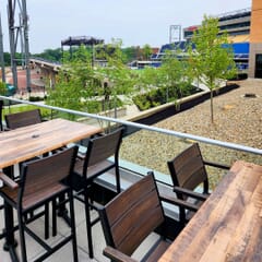 Indoor/Outdoor Aluminum Arm Bar Stool with Brushed Brown Synthetic Teak Wood Slats