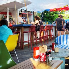 Stackable Indoor/Outdoor Resin Commercial Bar Stool With Striped Seat and Back in Red