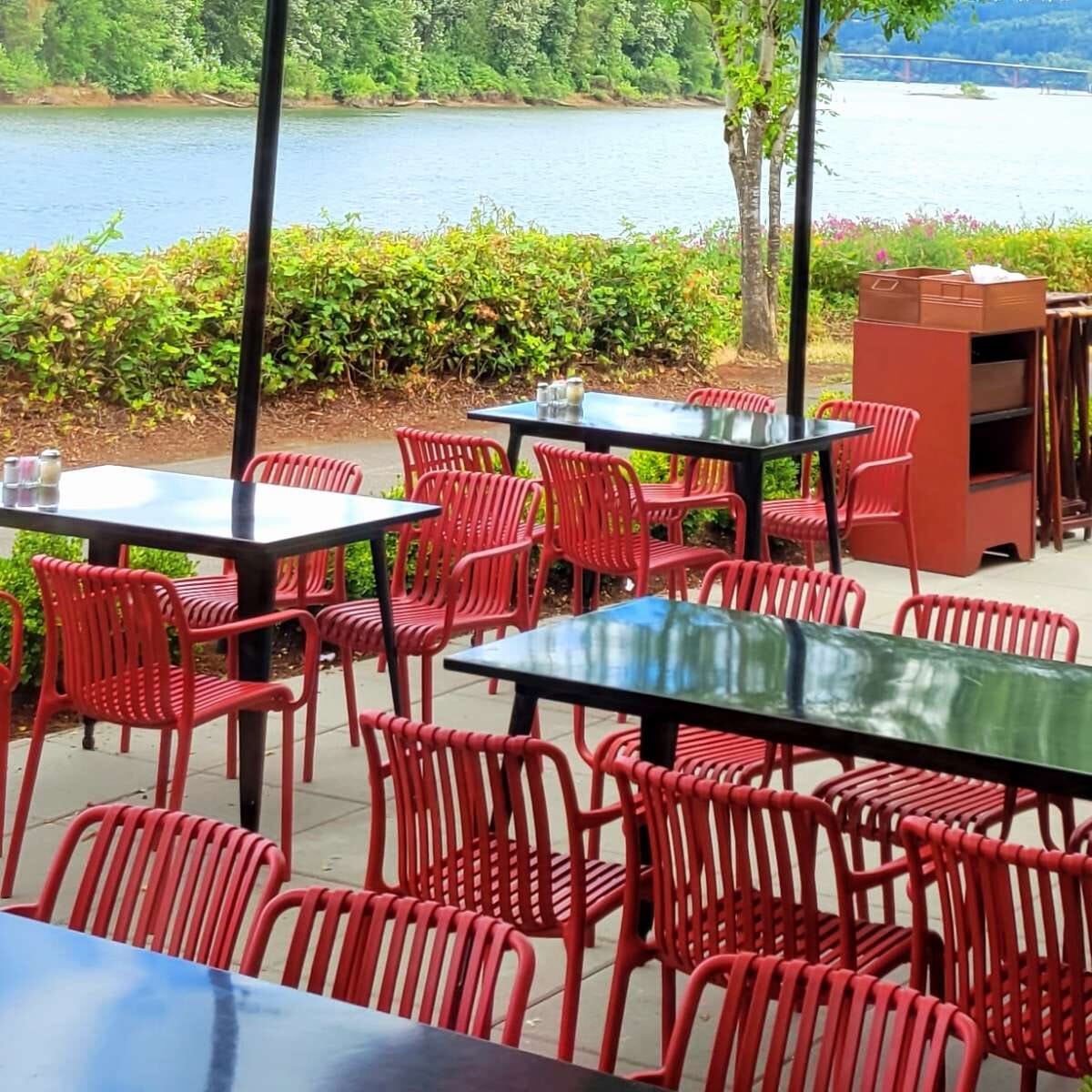 Stackable Indoor/Outdoor Arm Resin Chair With Striped Seat and Back in Red