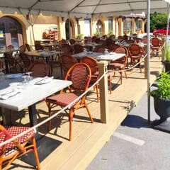 Synthetic Wicker & Bamboo Stackable Outdoor Chair with Rounded Back in Mahogany/Burgundy