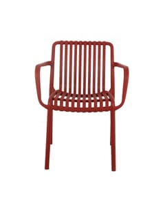 Outdoor Stackable Arm Resin Chair with Striped Seat and Back in Red