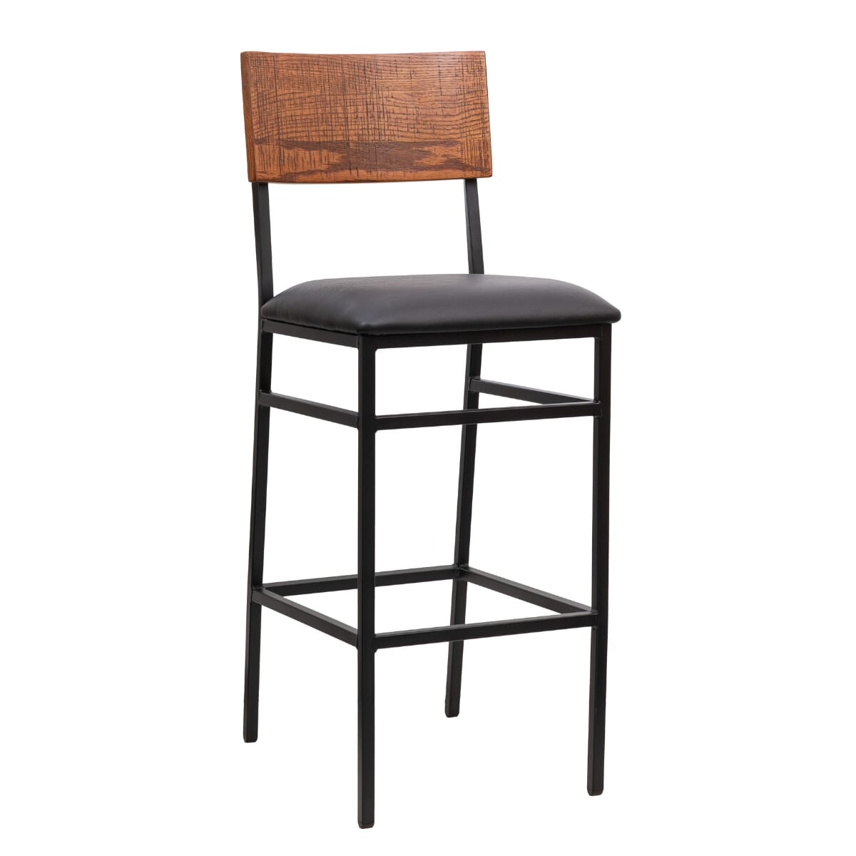 Industrial American Red Oak Restaurant Bar Stool with Black Steel Frame