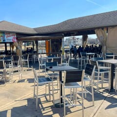 Outdoor Brushed Aluminum Bar Stool with Black Synthetic Teak Wood Slats