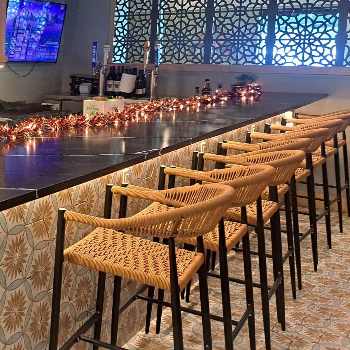 Sabbia Outdoor Restaurant Bar Stool with Tan Seat and Back