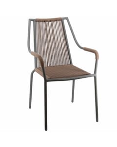 Stackable Roped Outdoor Chair with Arms and Black Aluminum Frame in Tan 