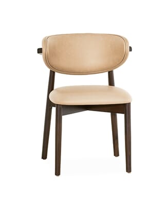Front view of a contemporary restaurant chair with a beige vinyl upholstered seat and backrest, supported by a dark walnut wooden frame with clean lines