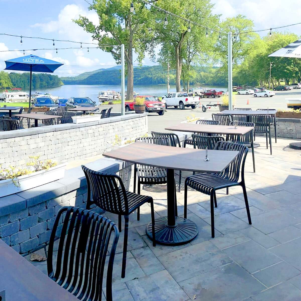 Stackable Indoor/Outdoor Resin Chair With Striped Seat and Back in Black