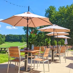 Stackable Outdoor Aluminum Arm Chair with Tan Synthetic Teak Wood Slats