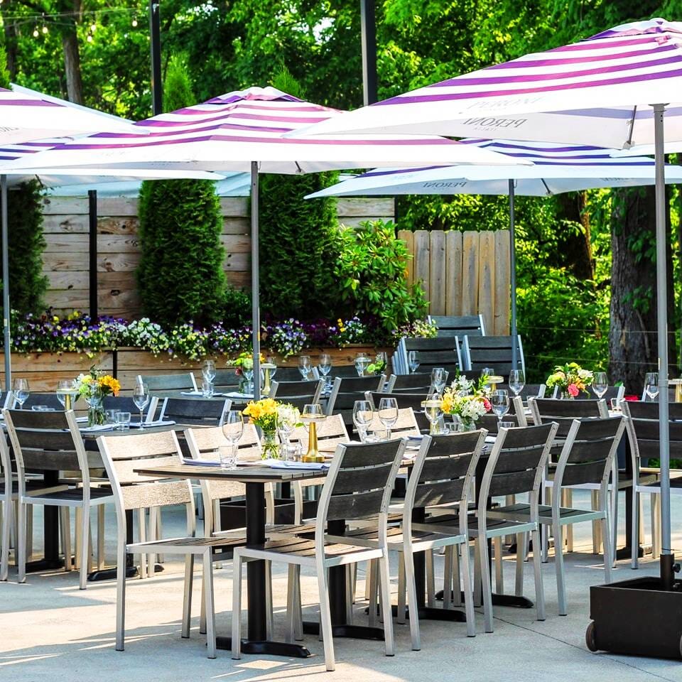 Stackable Outdoor Aluminum Chair with Pewter Synthetic Teak Wood Slats