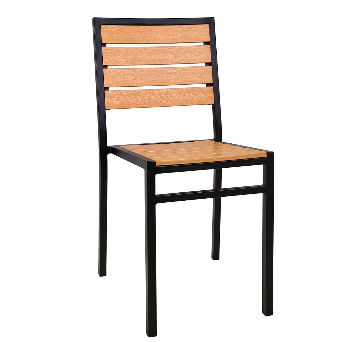 Black metal restaurant stack 2024 chair with aluminum slats