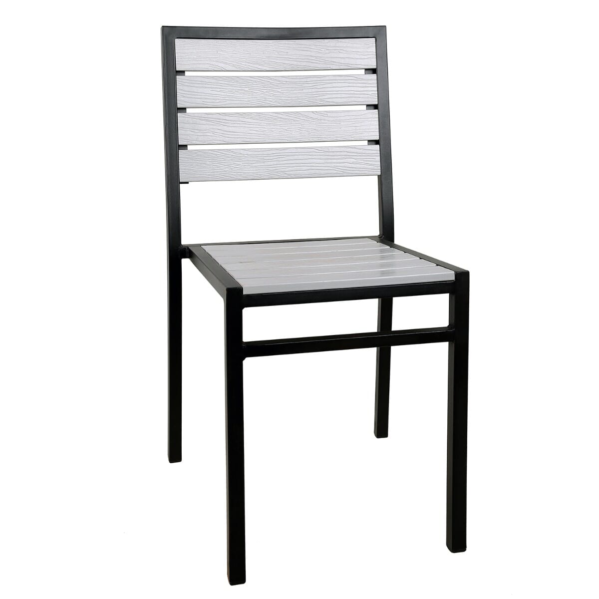 Stackable Indoor Outdoor Steel Frame Restaurant Chair with Light Grey Synthetic Teak Wood Slats