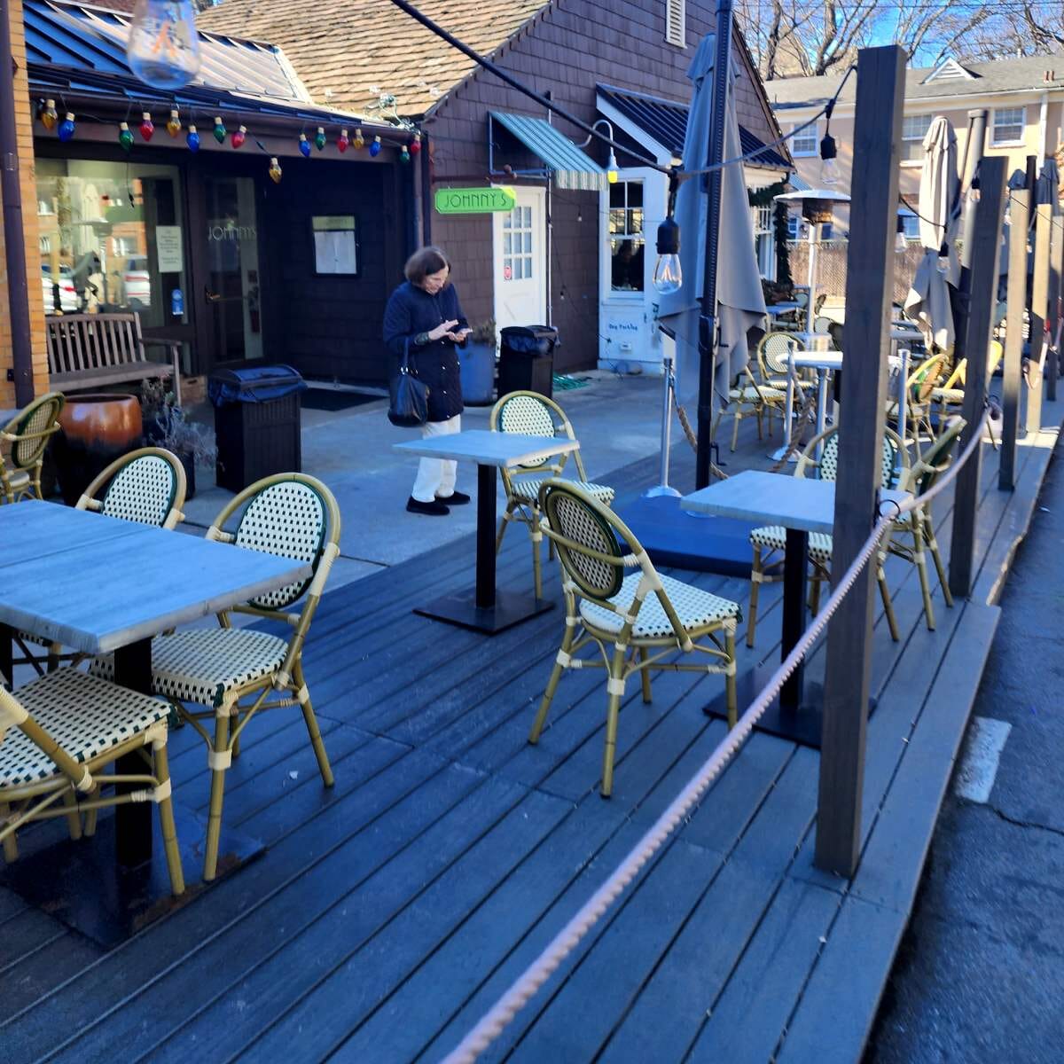 Synthetic Wicker & Bamboo Stackable Outdoor Restaurant Chair in Natural/Green