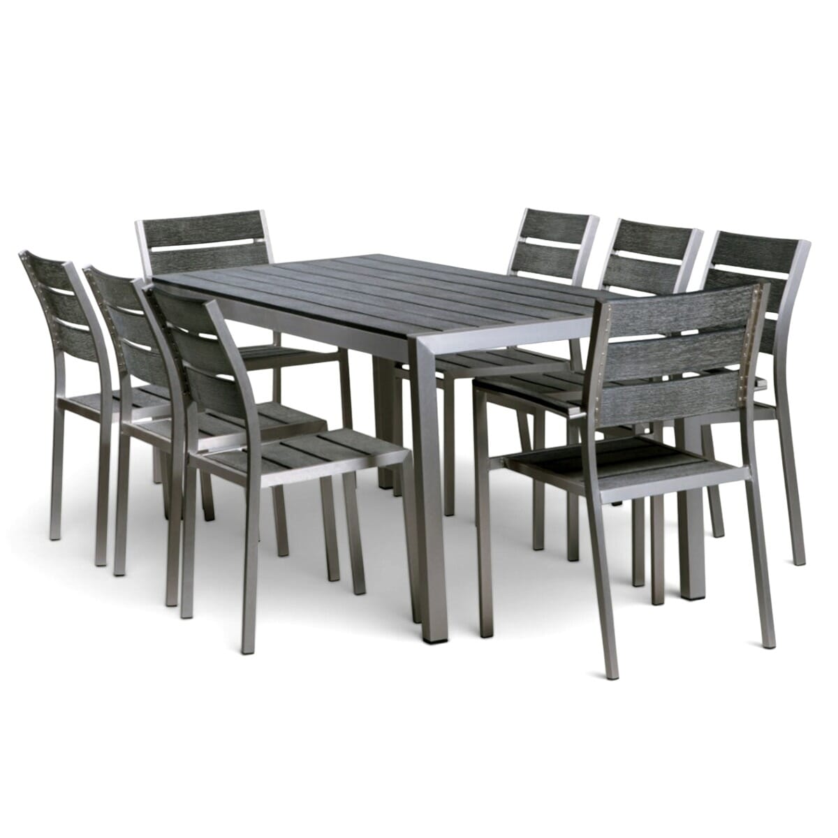 Outdoor Aluminum Restaurant Table with Pewter Synthetic Teak Wood Slats