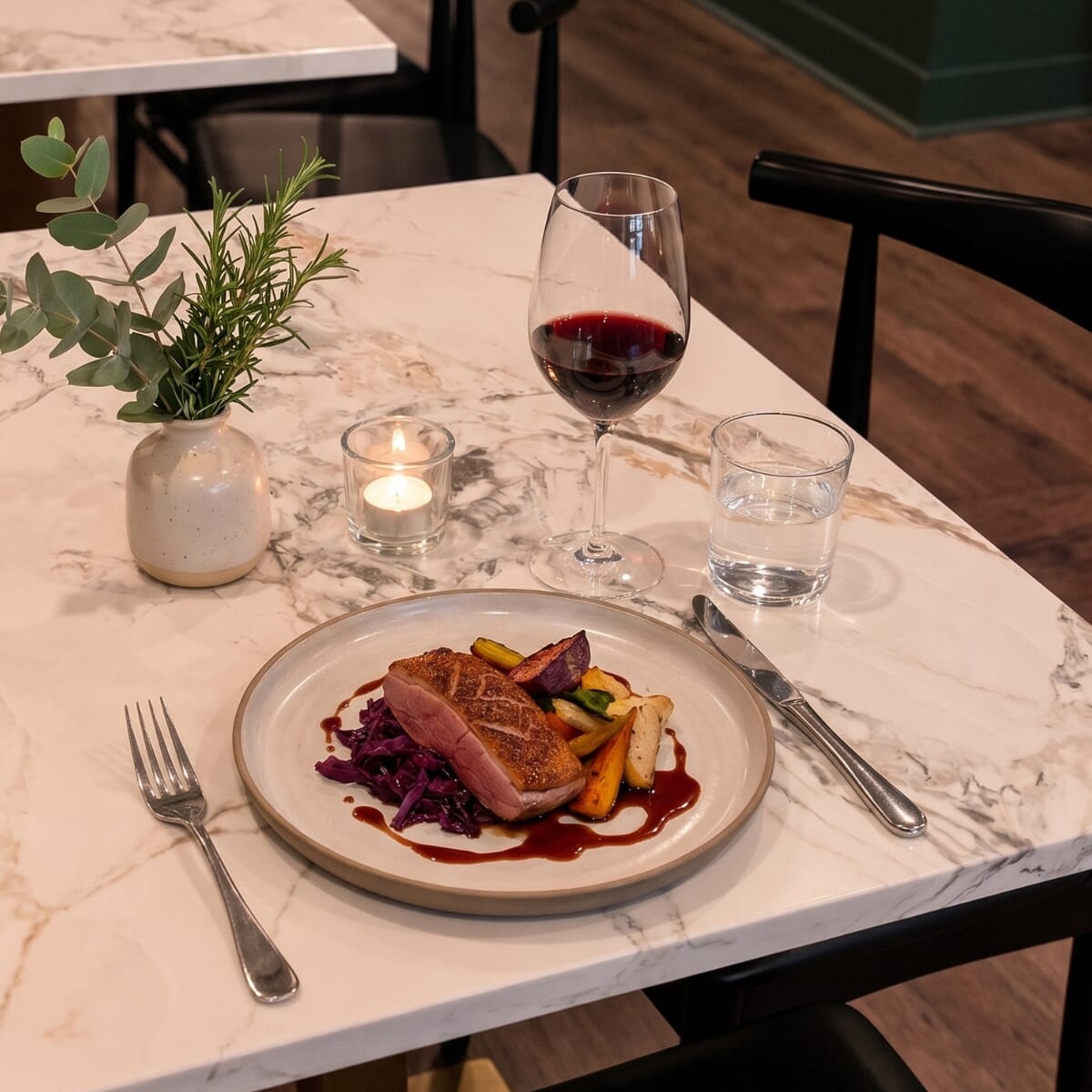 Sintered Stone Restaurant Table Top in White Calacatta and Gold