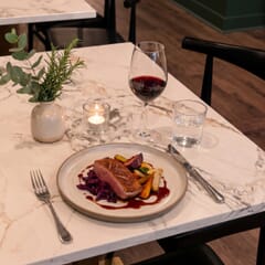 Sintered Stone Restaurant Table Top in White Calacatta and Gold