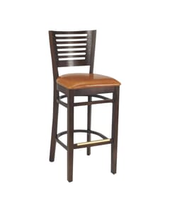 Narrow-Slat Back Commercial Bar Stool with Upholstered Seat in Walnut (Front)